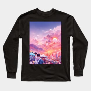 Lofi Dreamy Sunrise at Morning Having Leisure Walk in Big City Long Sleeve T-Shirt